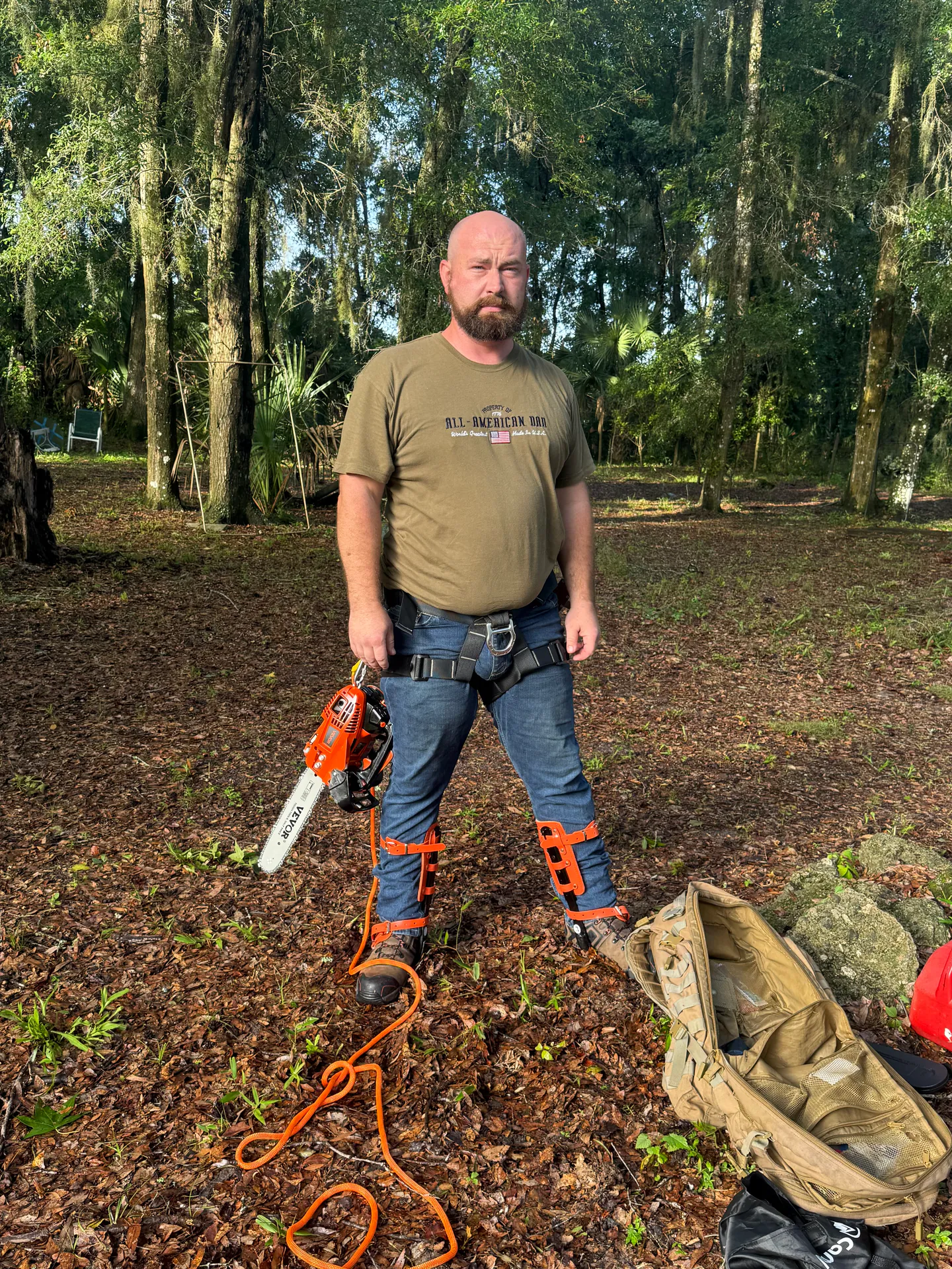 Arborist geared up with climbing spurs and chainsaw